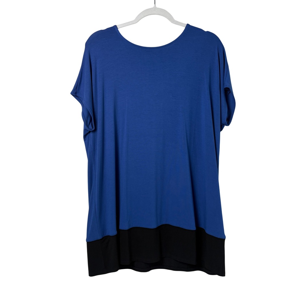 J Jill Wearever Tunic Top Size L Blue Black Colorblock Short Sleeve Knit Stretch